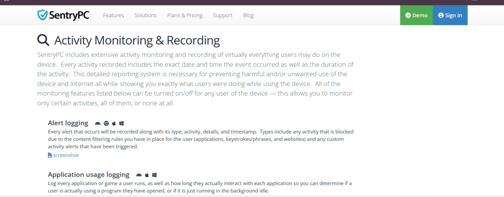 Activity Monitoring Features SentryPC